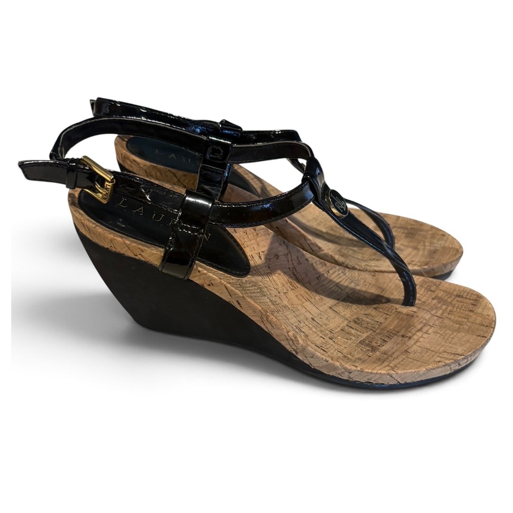 Lauren Ralph Lauren Women's Black Patent Cork Wedge Sandals Apx Sz 6-9" Footbed